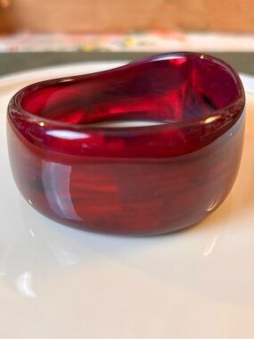 Vintage Chunky Red Lucite Bangle Bracelet, Translucent Asymmetric Jelly Cuff